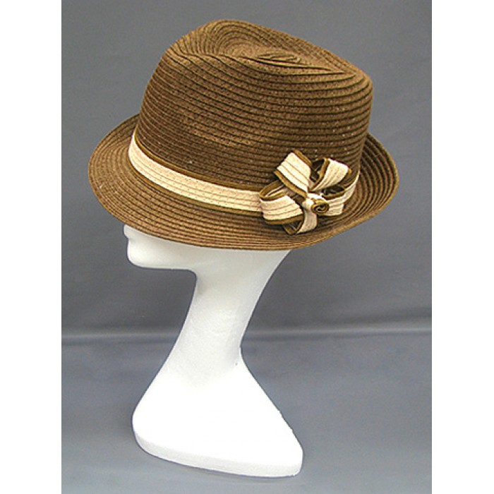 Fedora Straw Hat w/ Flower Corsage - Brown - HT-1186BR